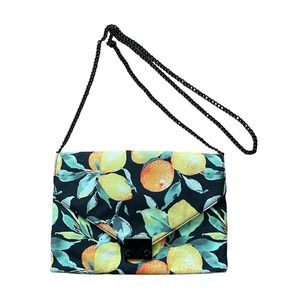 Loeffler Randall Crossbody Bag Lemon Orange Print Clutch Black Chain Purse